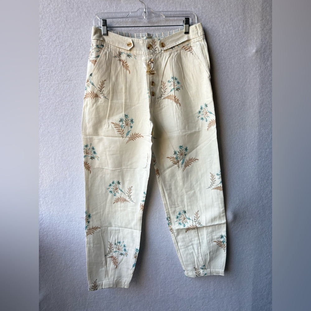 Sundance Living Benicia Pleated Pants Embroidered Cotton Linen - Picture 2 of 6
